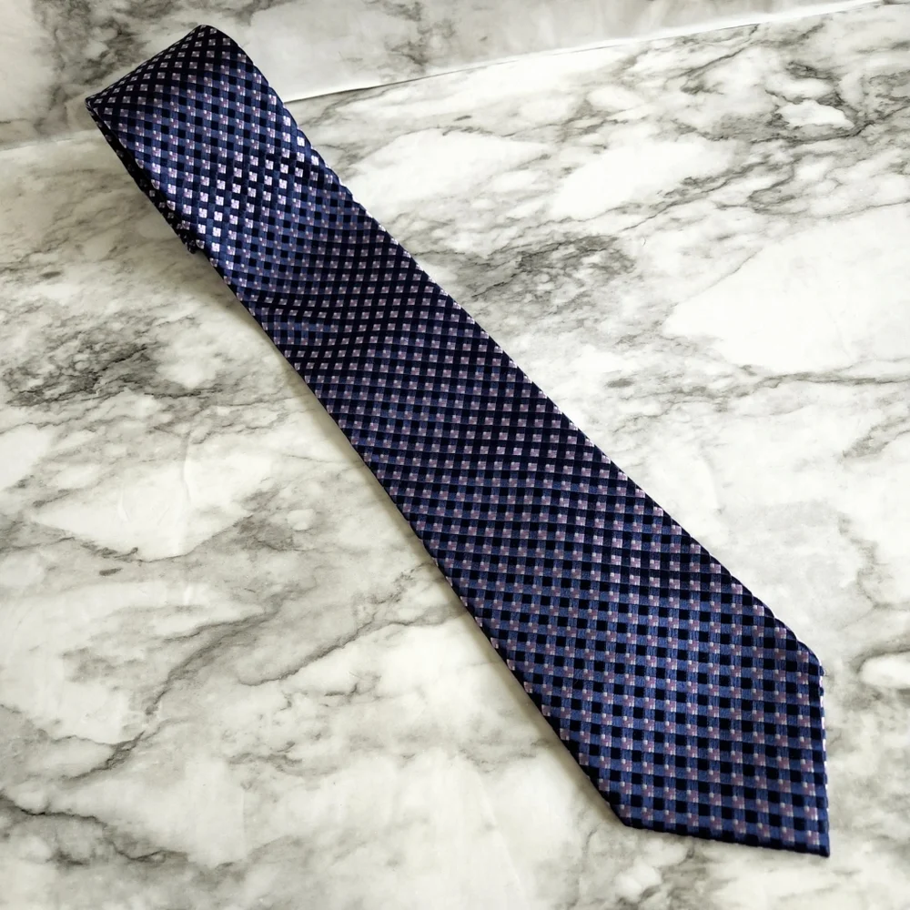 Michael Kors 100% Silk Navy & Purple Necktie With Gray Flecks